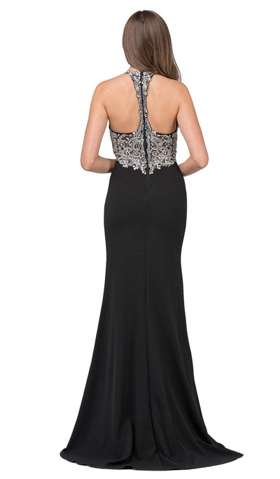 Dancing Queen - 2242 Beaded Fitted Halter Prom Dress with Slit Prom Dresses