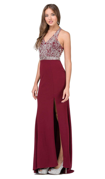Dancing Queen - 2242 Beaded Fitted Halter Prom Dress with Slit Prom Dresses XS / Burgundy