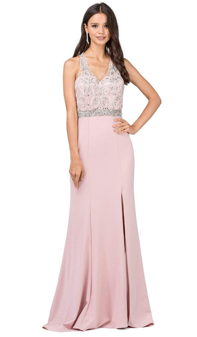 Dancing Queen - 2242 Beaded Fitted Halter Prom Dress with Slit Prom Dresses XS / Dusty Pink