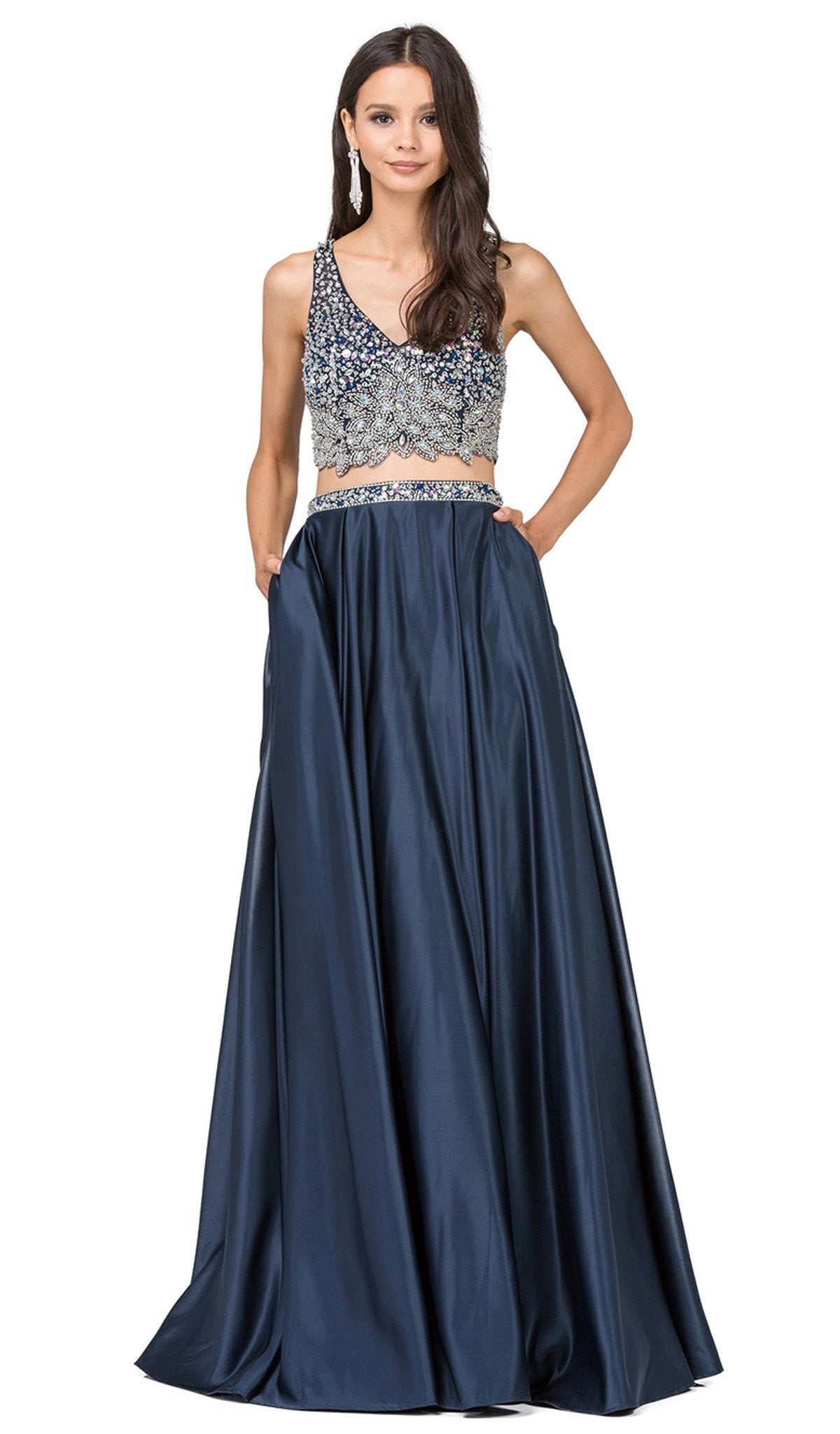 Dancing Queen - 2243 Two Piece Bejeweled A-line Prom Dress Special Occasion Dress XS / Navy
