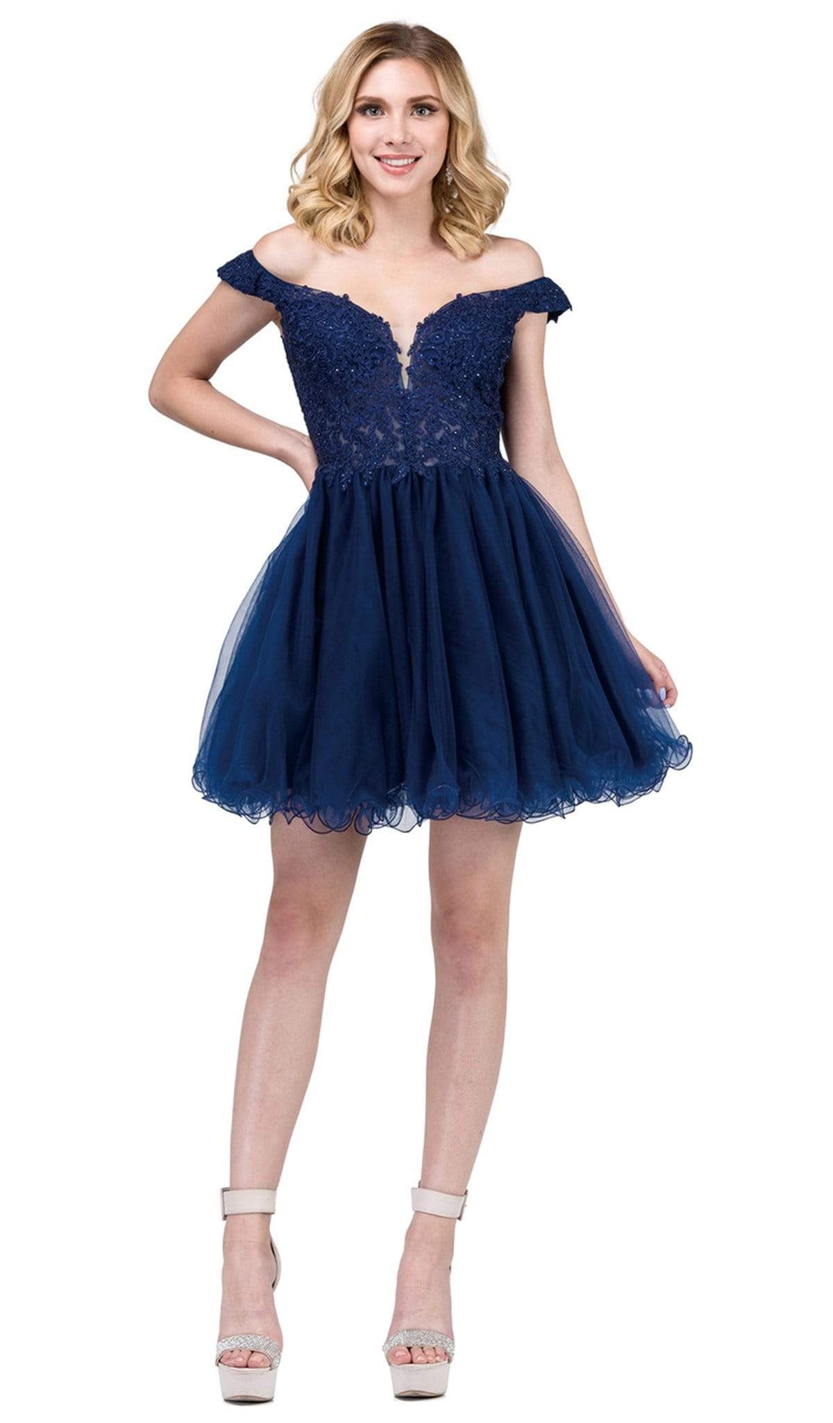 Dancing Queen - 2248 Off shoulder Beaded Lace A Line Cocktail Dress Special Occasion Dress XS / Navy