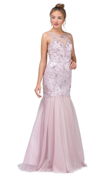 Dancing Queen - 2250 Illusion Bateau Crystal Adorned Trumpet Prom Gown Special Occasion Dress XS / Dusty Pink