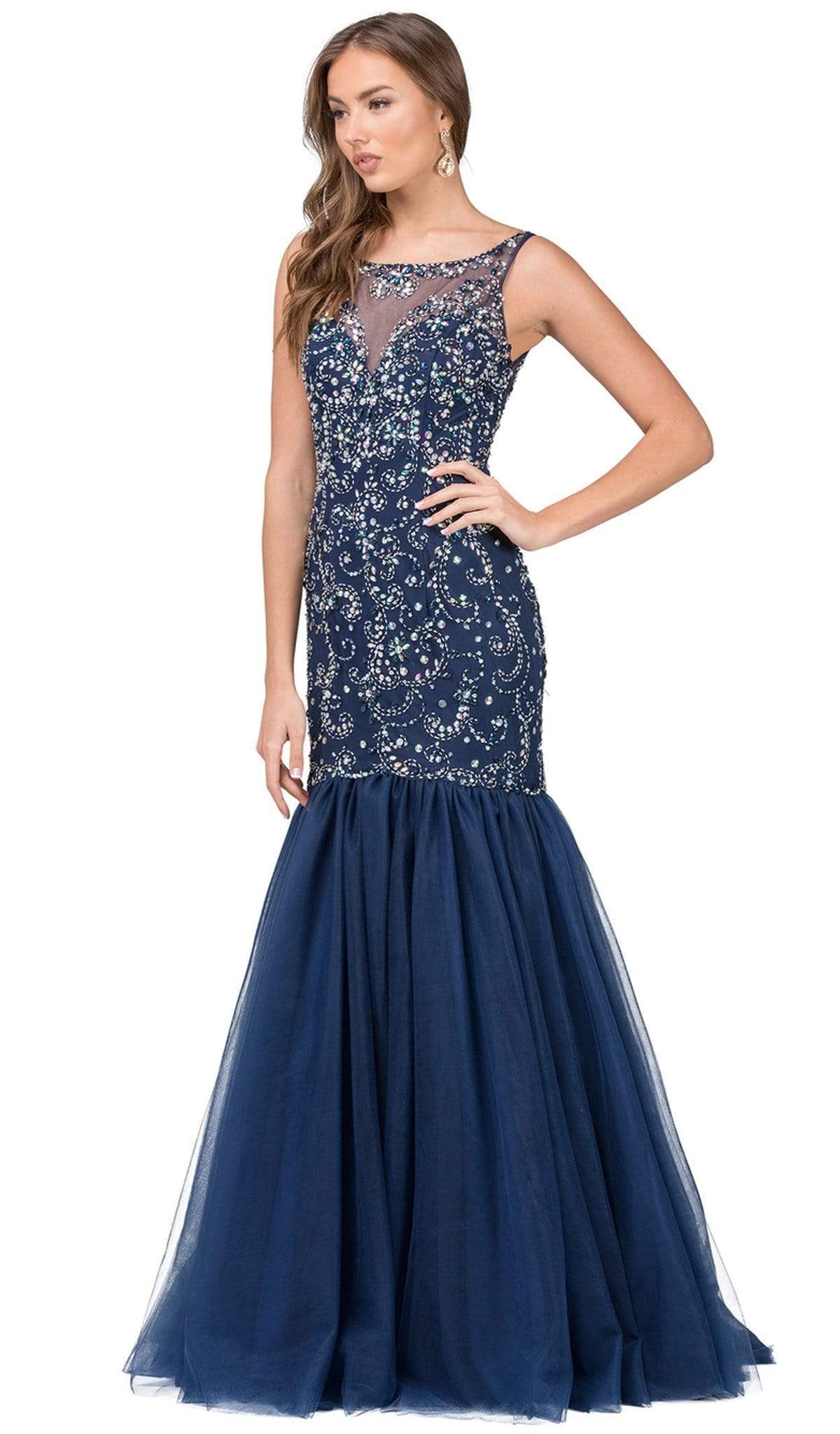 Dancing Queen - 2250 Illusion Bateau Crystal Adorned Trumpet Prom Gown Special Occasion Dress XS / Navy