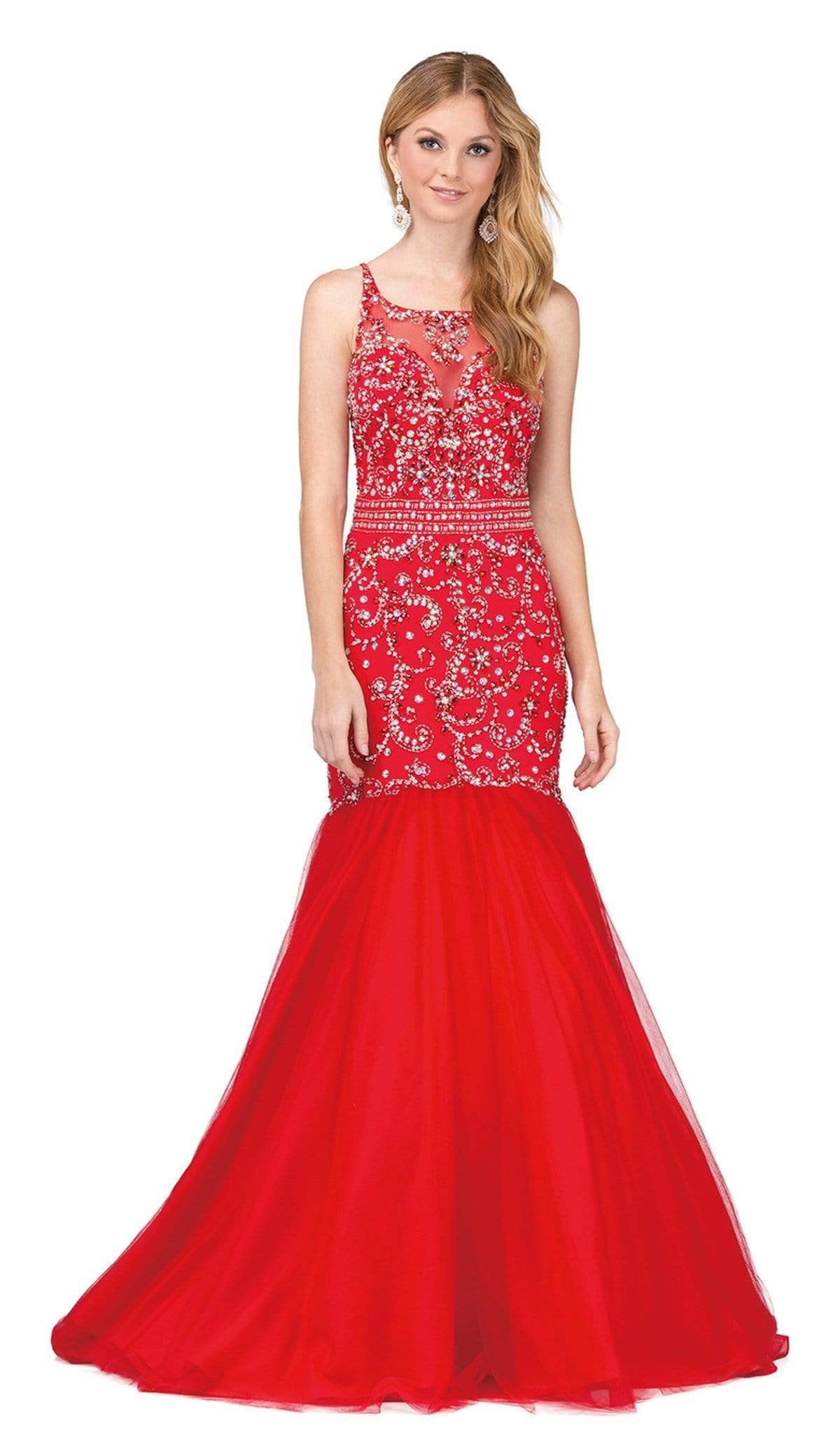 Dancing Queen - 2250 Illusion Bateau Crystal Adorned Trumpet Prom Gown Special Occasion Dress XS / Red