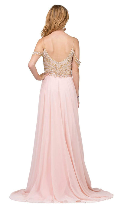 Dancing Queen - 2252 Cold Shoulder Sleeves Beaded A-line Prom Gown Special Occasion Dress M / Blush