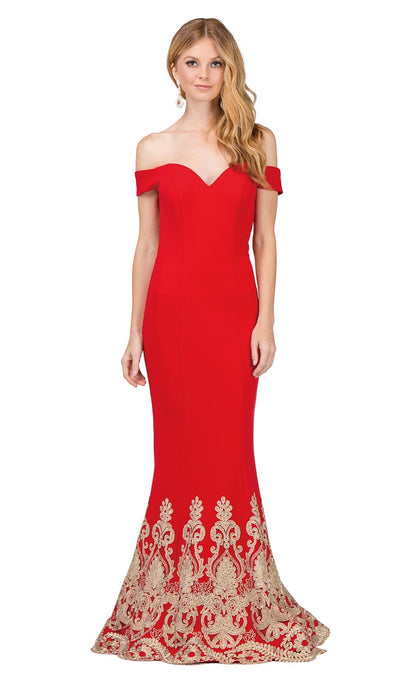 Dancing Queen - 2263 Off Shoulder Fitted Appliqued Mermaid Prom Dress Special Occasion Dress XS / Red