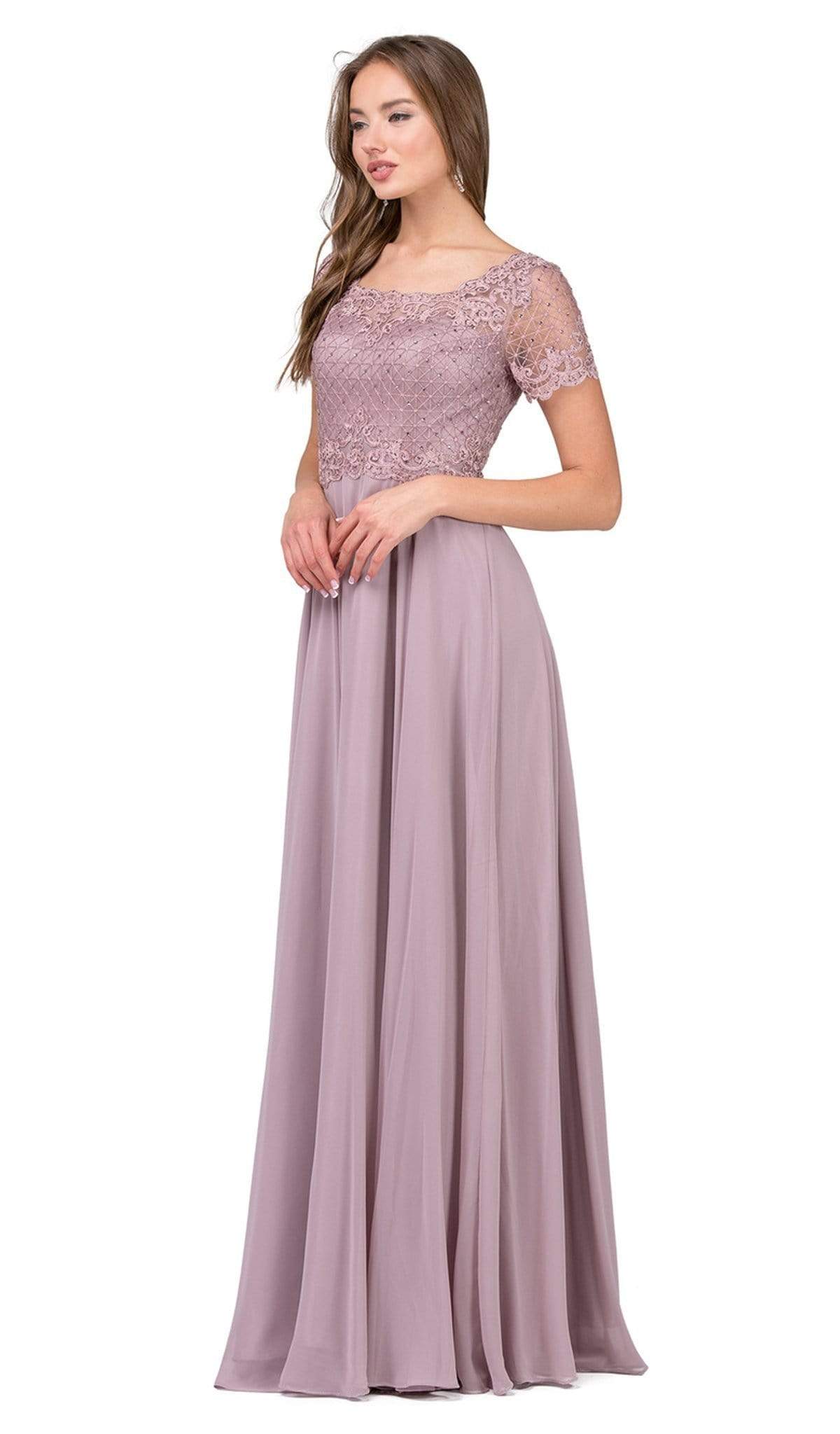 Dancing Queen - 2268 Short Sleeve Illusion Lattice Ornate A-Line Prom Gown Prom Dresses XS / Mocha