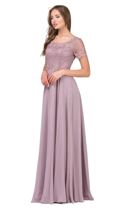 Dancing Queen - 2268 Short Sleeve Illusion Lattice Ornate A-Line Prom Gown Prom Dresses XS / Mocha