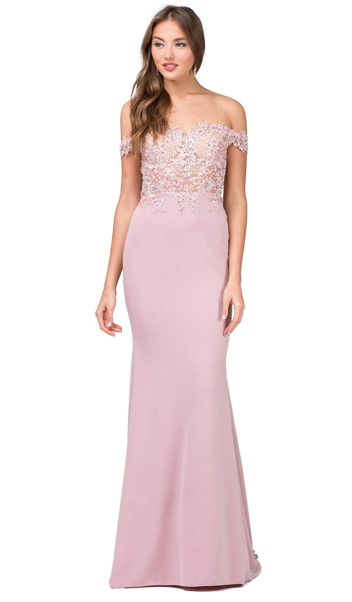 Dancing Queen - 2274 Sheer Floral Embroidered Off Shoulder Prom Dress Evening Dresses L / Dusty Pink
