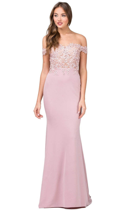 Dancing Queen - 2274 Sheer Floral Embroidered Off Shoulder Prom Dress Evening Dresses L / Dusty Pink