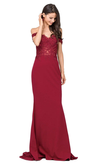 Dancing Queen - 2274 Sheer Floral Embroidered Off Shoulder Prom Dress Evening Dresses XS / Burgundy