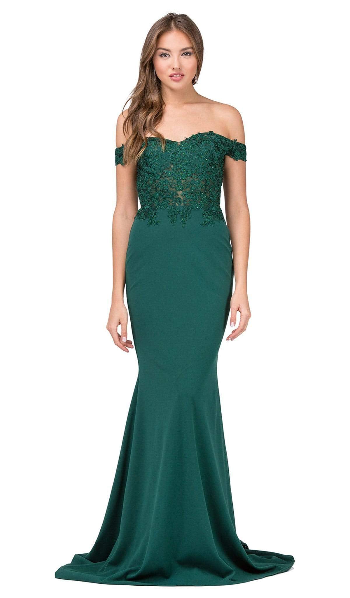 Dancing Queen - 2274 Sheer Floral Embroidered Off Shoulder Prom Dress Evening Dresses XS / Hunter Green