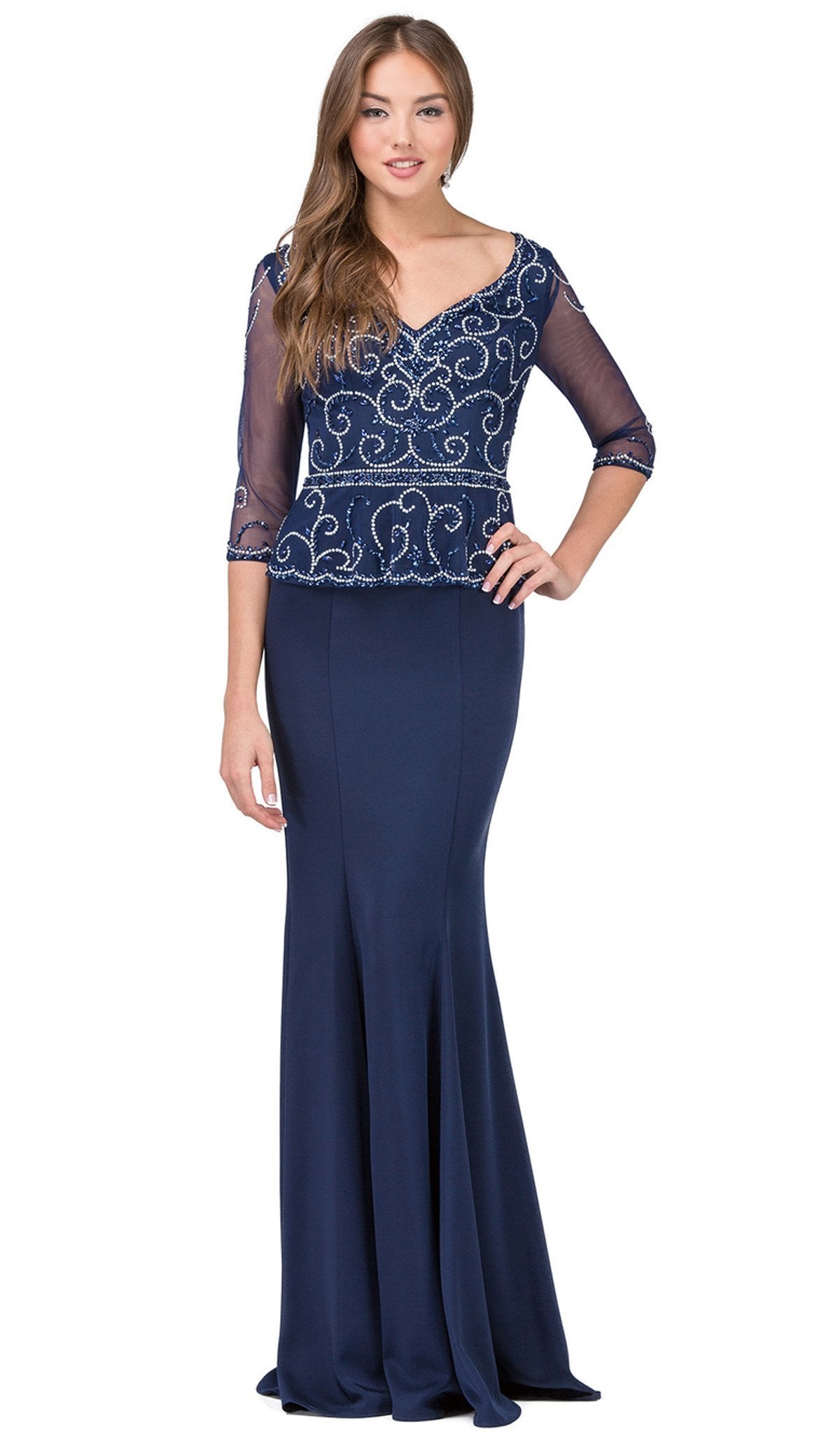 Dancing Queen - 2290 Beaded Sheer Quarter Length Sleeve Sheath Prom Dress Special Occasion Dress L / Navy