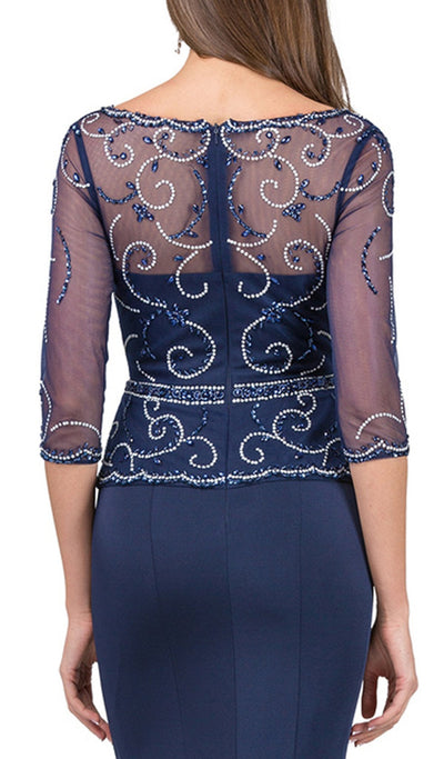 Dancing Queen - 2290 Beaded Sheer Quarter Length Sleeve Sheath Prom Dress Special Occasion Dress M / Navy