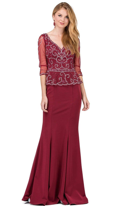 Dancing Queen - 2290 Beaded Sheer Quarter Length Sleeve Sheath Prom Dress Special Occasion Dress S / Burgundy