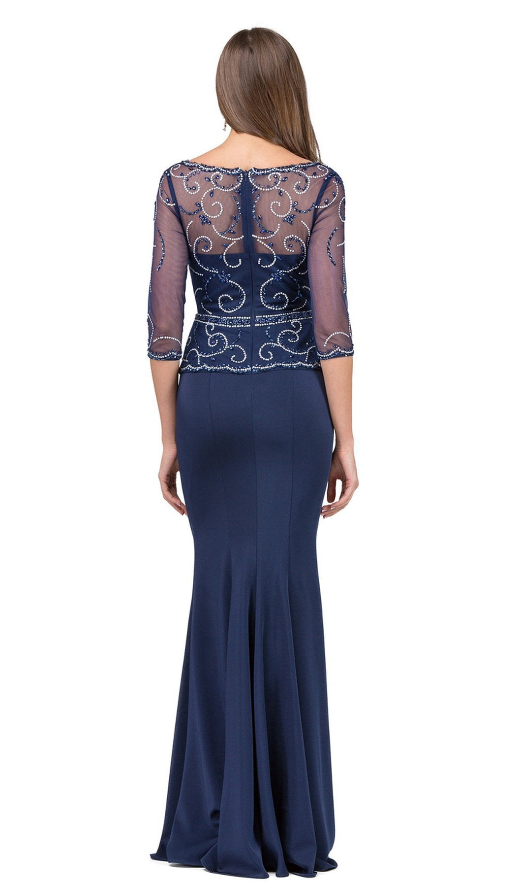 Dancing Queen - 2290 Beaded Sheer Quarter Length Sleeve Sheath Prom Dress Special Occasion Dress S / Navy