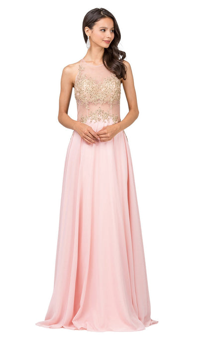 Dancing Queen - 2297 Sheer Embroidered Pleated Prom Dress Special Occasion Dress XS / Blush