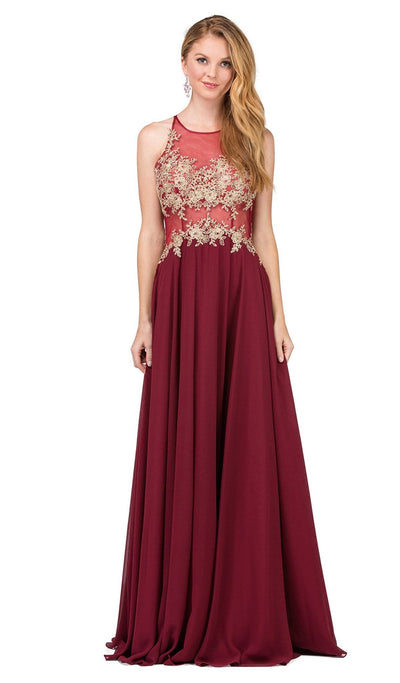 Dancing Queen - 2297 Sheer Embroidered Pleated Prom Dress Special Occasion Dress XS / Burgundy