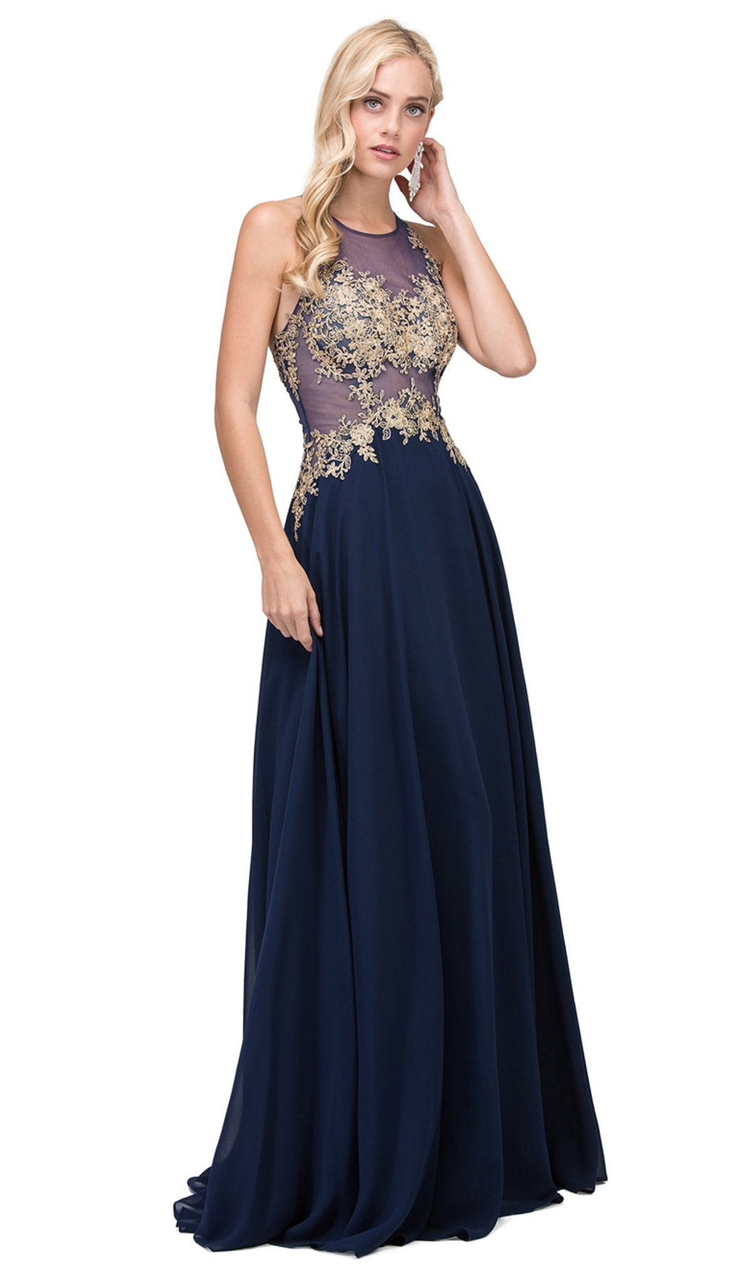 Dancing Queen - 2297 Sheer Embroidered Pleated Prom Dress Special Occasion Dress XS / Navy