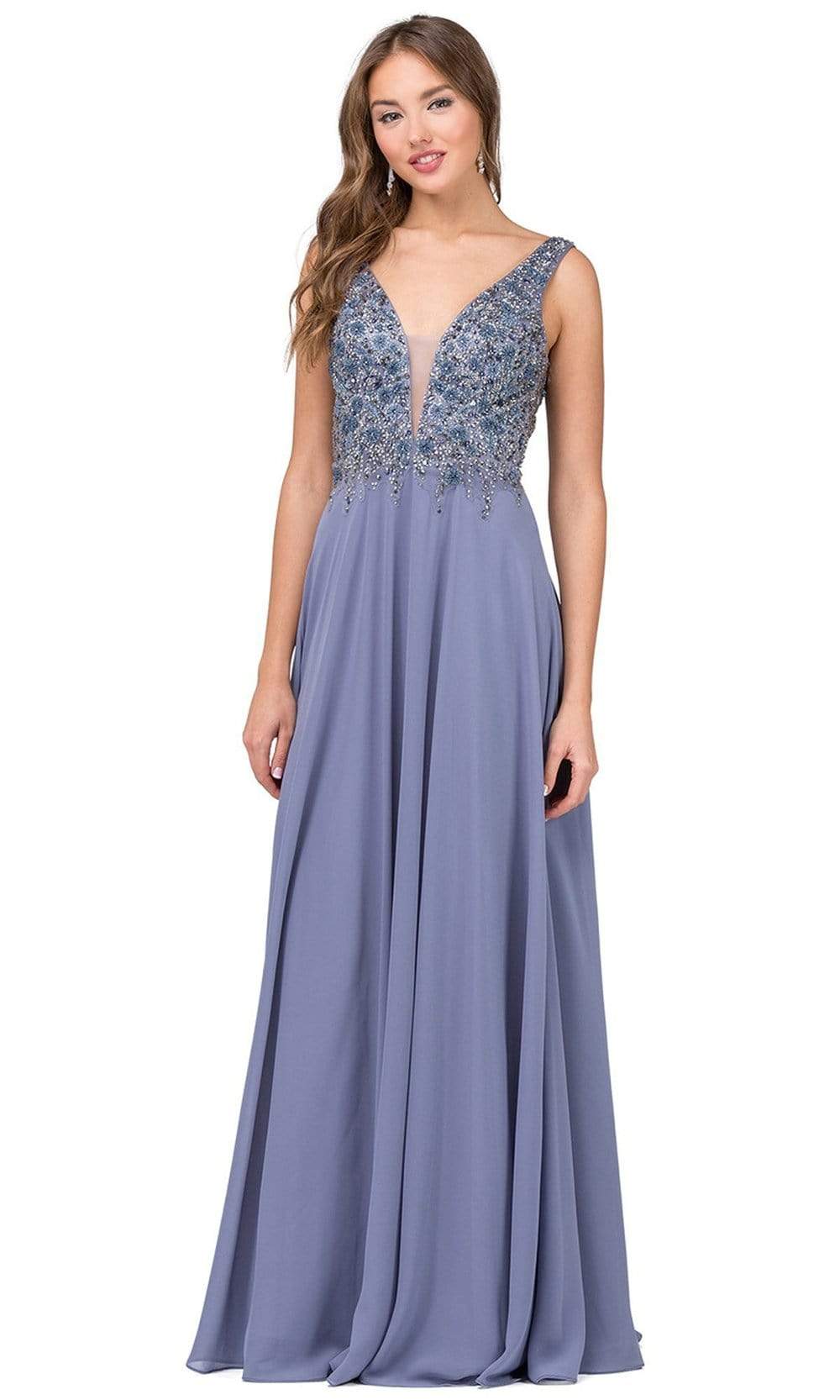 Dancing Queen - 2312 Floral Beaded Deep V-neck A-line Prom Dress Special Occasion Dress XS / Dark Silver