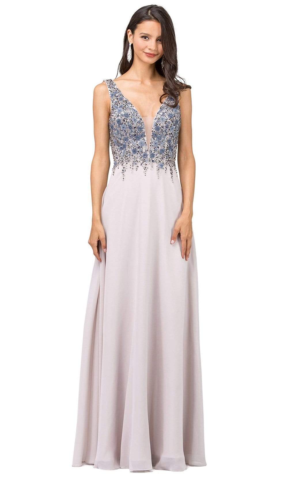 Dancing Queen - 2312 Floral Beaded Deep V-neck A-line Prom Dress Special Occasion Dress XS / Light Mocha