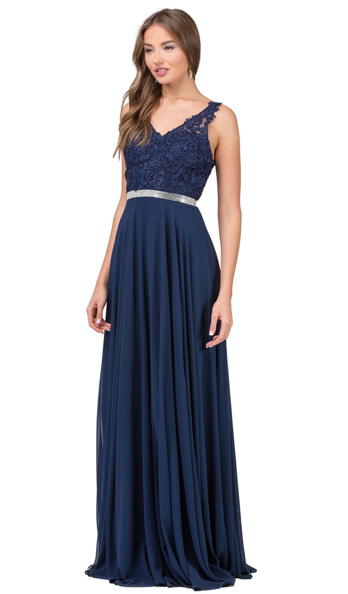 Dancing Queen - 2332 Lace V-neck A-line Prom Dress With Open Back Special Occasion Dress XS / Navy