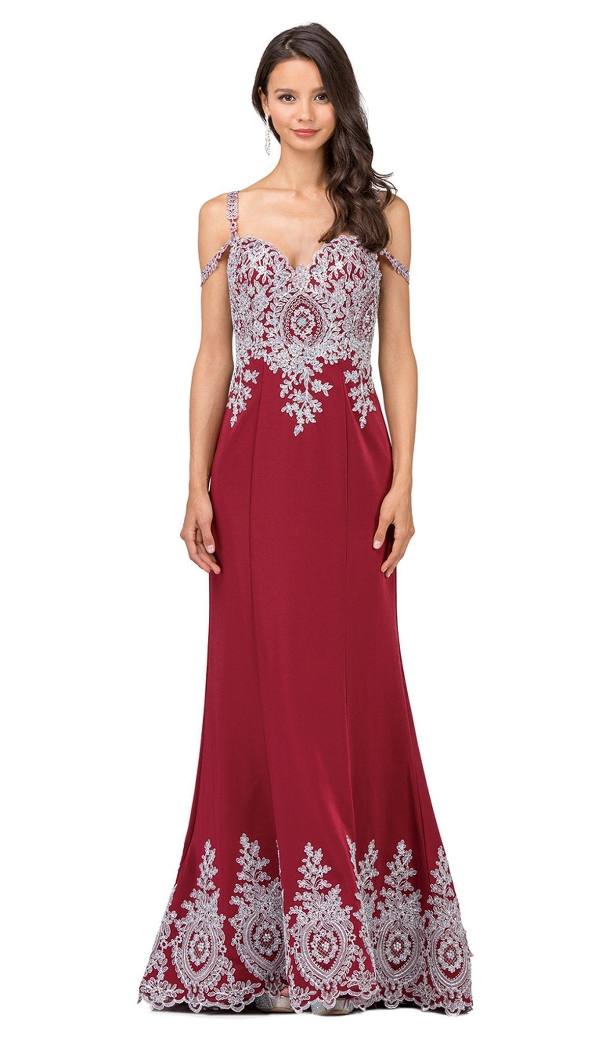 Dancing Queen - 2347 Lace Ornate Sweetheart Bodice Sheath Prom Gown Special Occasion Dress XS / Burgundy/Silver