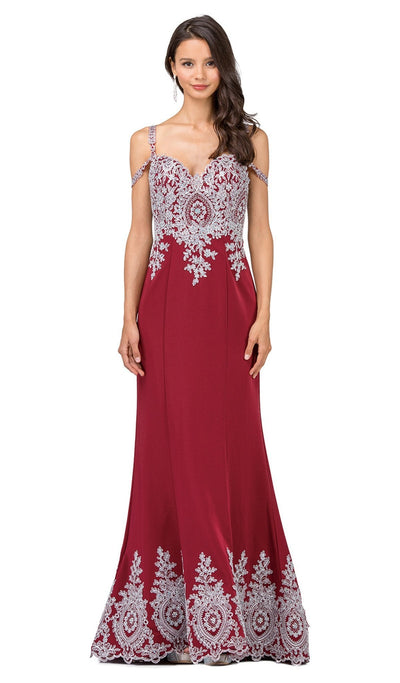 Dancing Queen - 2347 Lace Ornate Sweetheart Bodice Sheath Prom Gown Special Occasion Dress XS / Burgundy/Silver