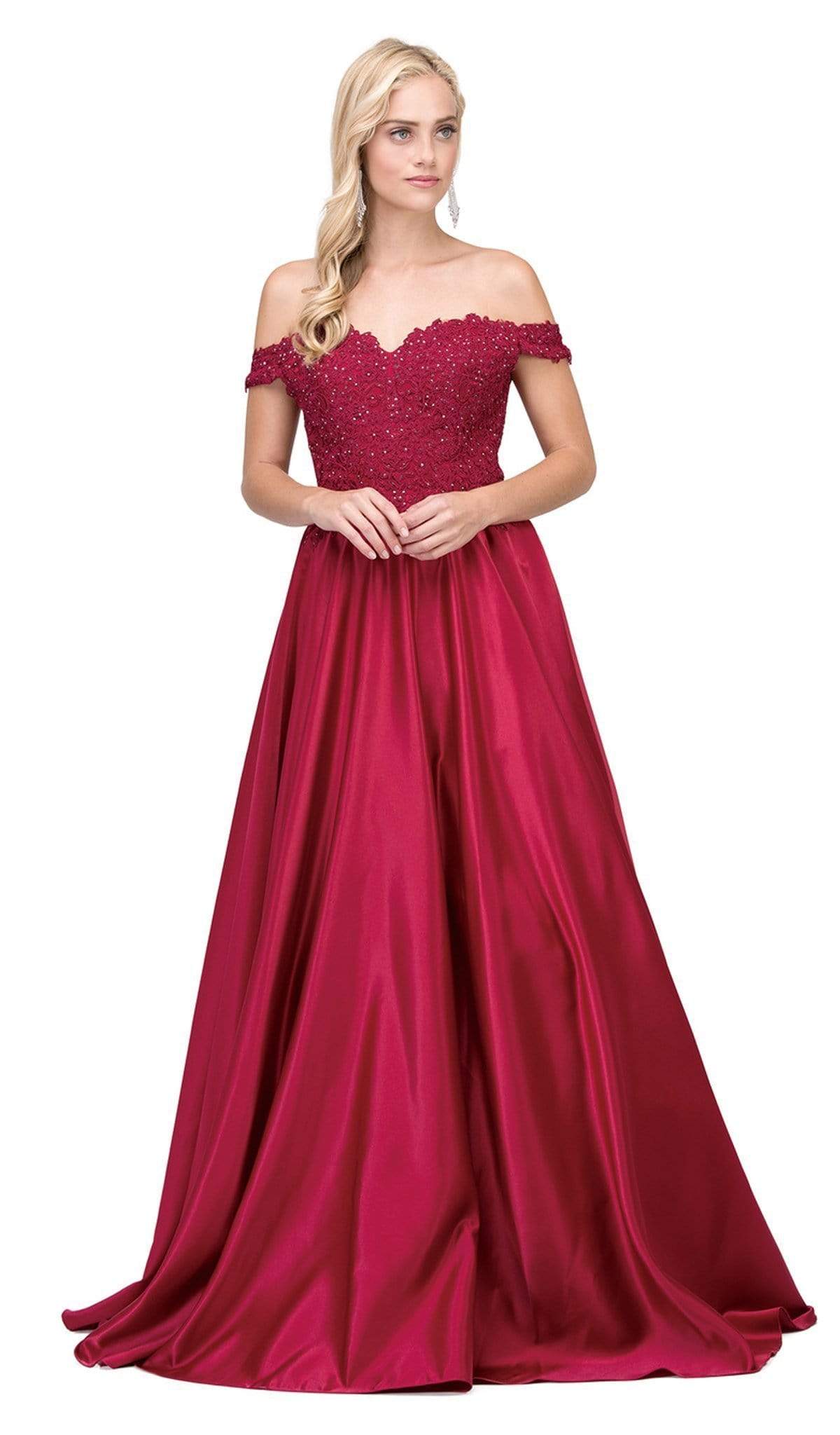 Dancing Queen - 2355 Embroidered Off Shoulder A-Line Prom Gown Special Occasion Dress XS / Burgundy