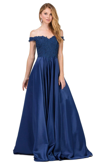 Dancing Queen - 2355 Embroidered Off Shoulder A-Line Prom Gown Special Occasion Dress XS / Navy