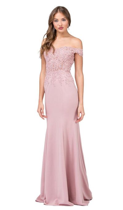 Dancing Queen - 2358 Jewel Ornate Lace Bodice Off Shoulder Prom Gown Prom Dresses XS / Dusty Pink