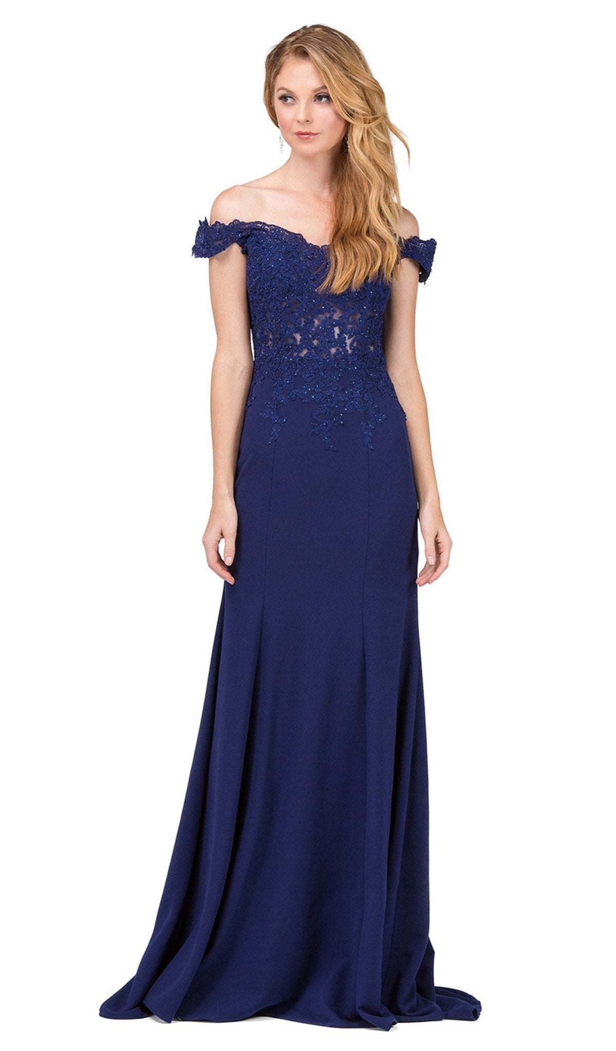 Dancing Queen - 2358 Jewel Ornate Lace Bodice Off Shoulder Prom Gown Prom Dresses XS / Navy