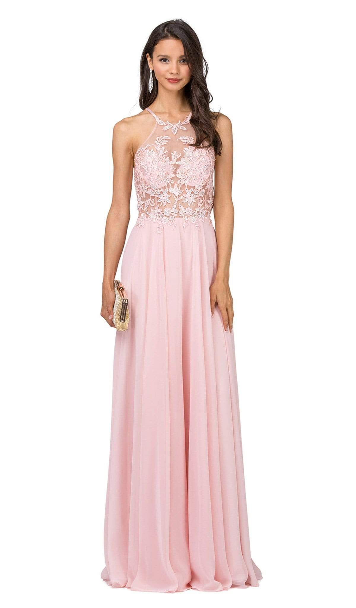 Dancing Queen - 2369 Embroidered Sheer Halter Chiffon Prom Dress Special Occasion Dress XS / Blush