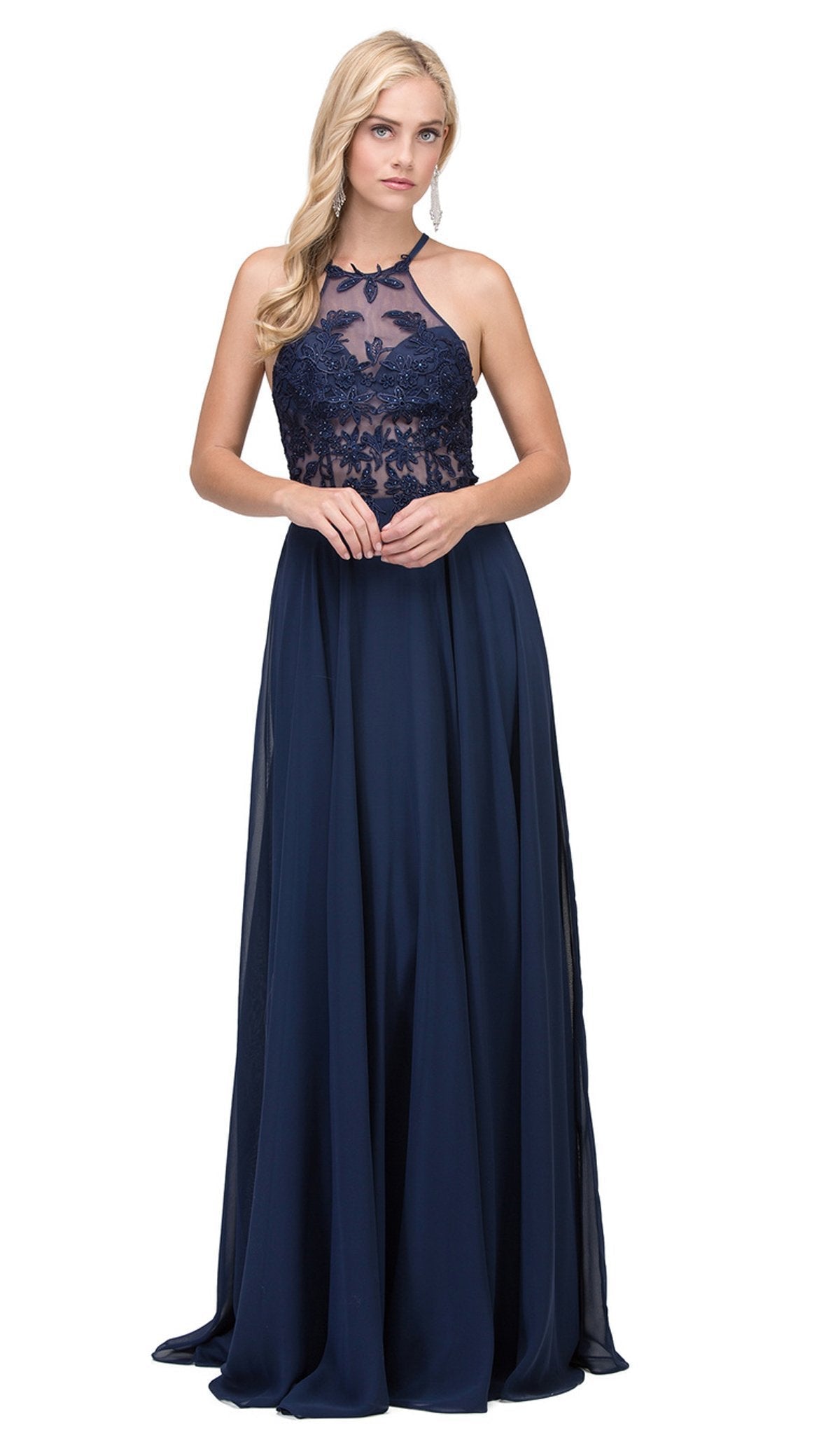 Dancing Queen - 2369 Embroidered Sheer Halter Chiffon Prom Dress Special Occasion Dress XS / Navy