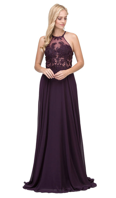 Dancing Queen - 2369 Embroidered Sheer Halter Chiffon Prom Dress Special Occasion Dress XS / Plum