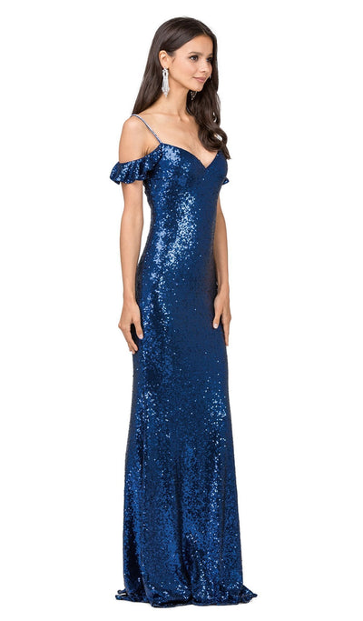 Dancing Queen - 2398 Sequined Fitted Draped Straps Prom Gown Special Occasion Dress XS / Navy