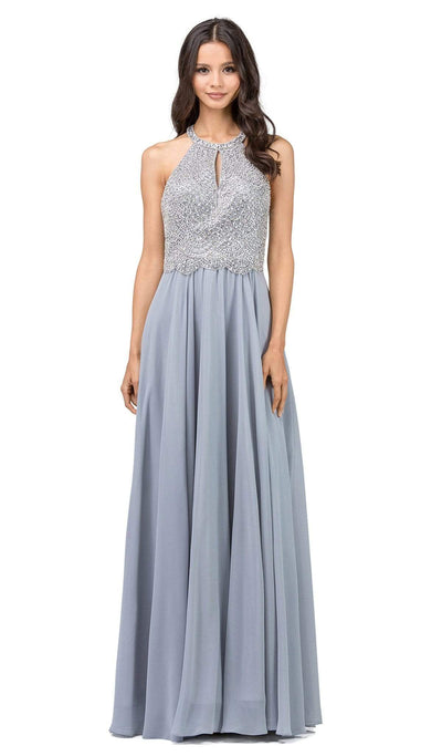 Dancing Queen - 2402 Bead Embellished Halter Evening Dress Evening Dresses XS / Silver