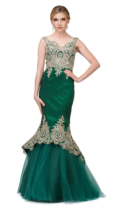 Dancing Queen - 2413 Lace Appliqued Portrait Mermaid Prom Gown Special Occasion Dress XS / Hunter Green