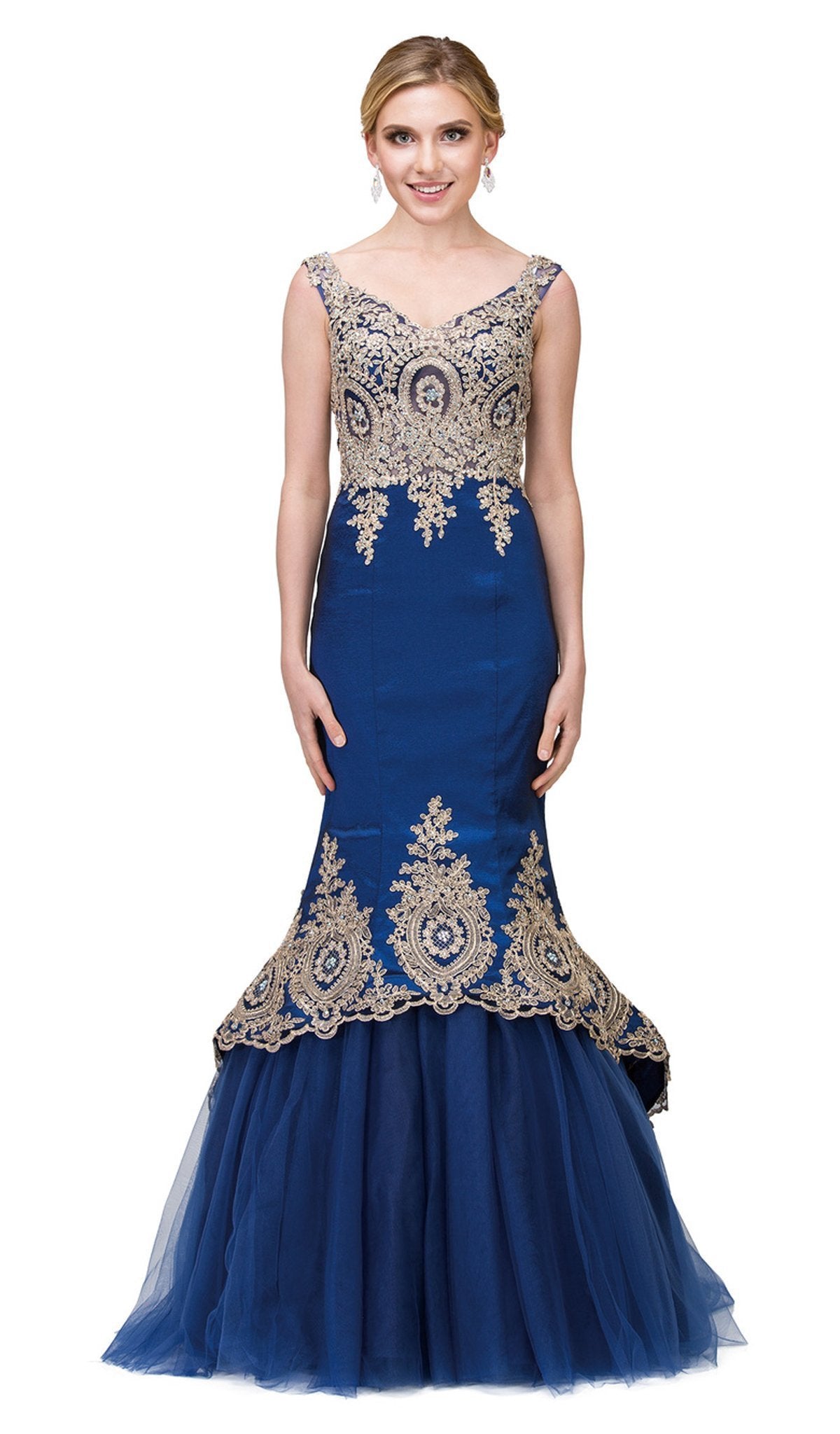 Dancing Queen - 2413 Lace Appliqued Portrait Mermaid Prom Gown Special Occasion Dress XS / Navy