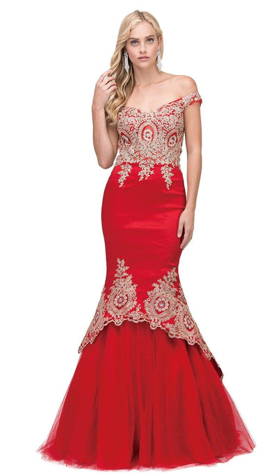 Dancing Queen - 2413 Lace Appliqued Portrait Mermaid Prom Gown Special Occasion Dress XS / Red