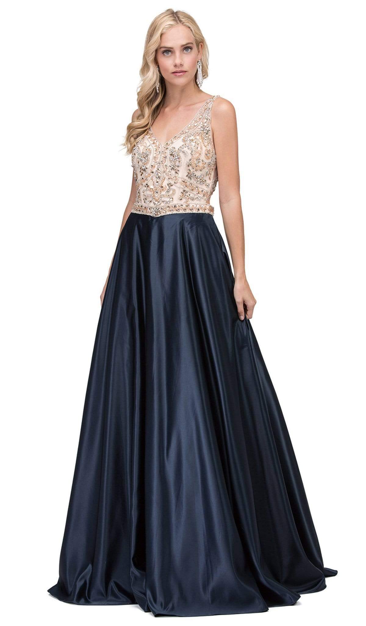 Dancing Queen - 2416 Jeweled V-neck A-line Prom Dress Special Occasion Dress XS / Navy