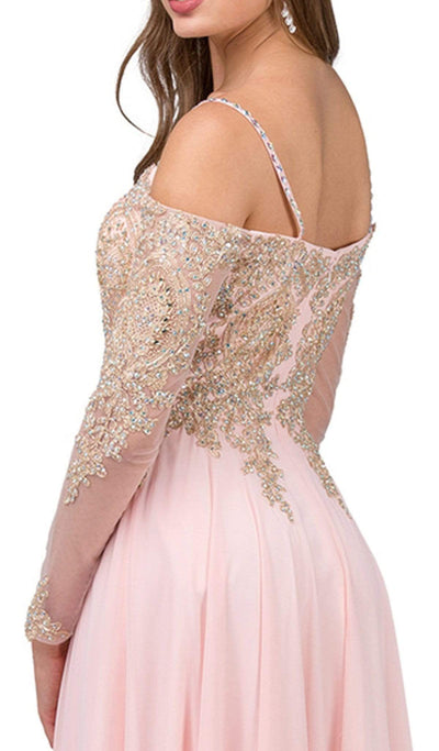 Dancing Queen - 2422 Appliqued Sheer Long Sleeves A-Line Prom Gown Special Occasion Dress L / Blush