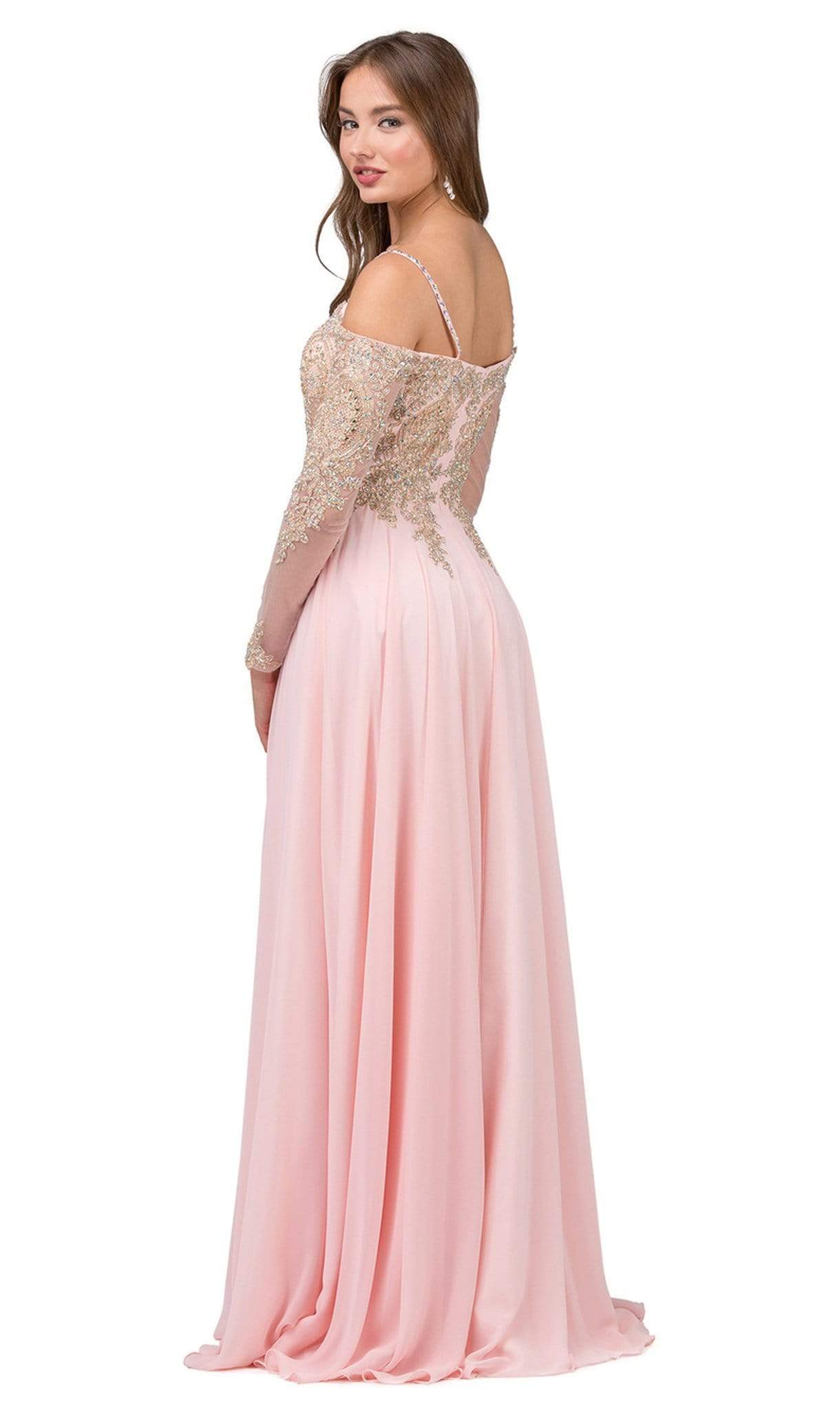 Dancing Queen - 2422 Appliqued Sheer Long Sleeves A-Line Prom Gown Special Occasion Dress M / Blush