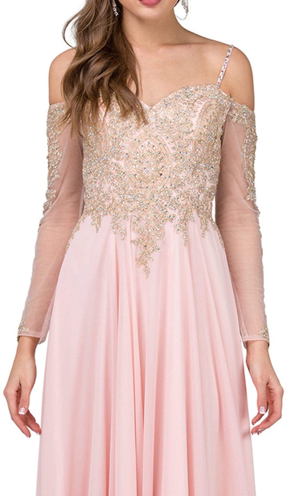 Dancing Queen - 2422 Appliqued Sheer Long Sleeves A-Line Prom Gown Special Occasion Dress S / Blush