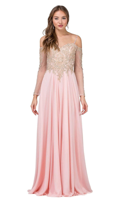 Dancing Queen - 2422 Appliqued Sheer Long Sleeves A-Line Prom Gown Special Occasion Dress XS / Blush