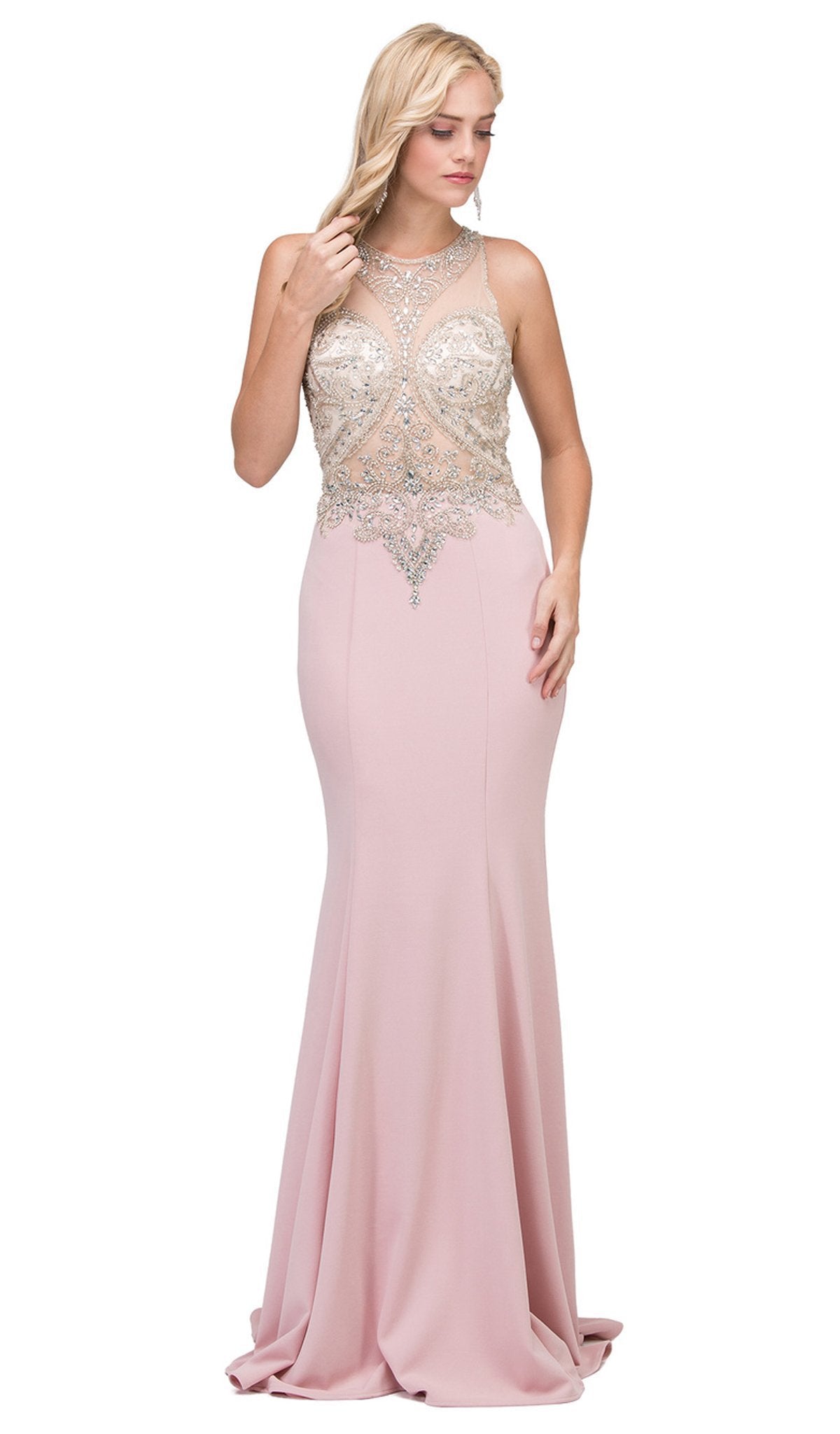 Dancing Queen - 2433 Sleeveless Jeweled Illusion Halter Sheath Prom Dress Special Occasion Dress XS / Dusty Pink