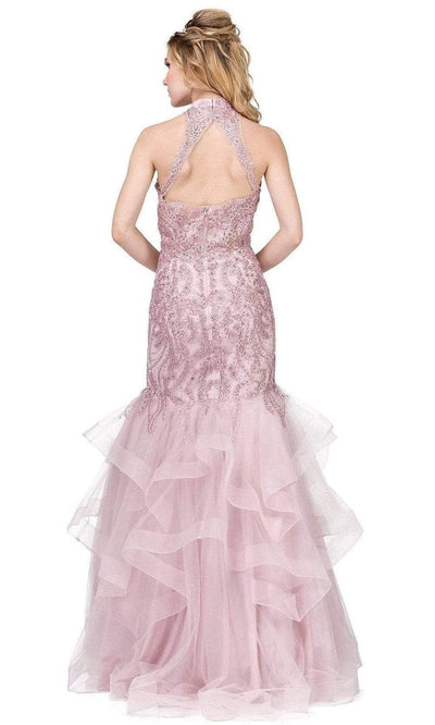 Dancing Queen - Sleeveless Halter Applique Tiered Long Gown 2447SC In Pink