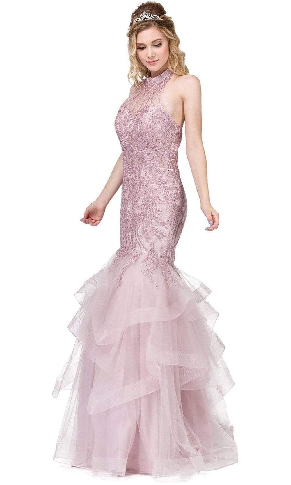 Dancing Queen - Sleeveless Halter Applique Tiered Long Gown 2447SC In Pink