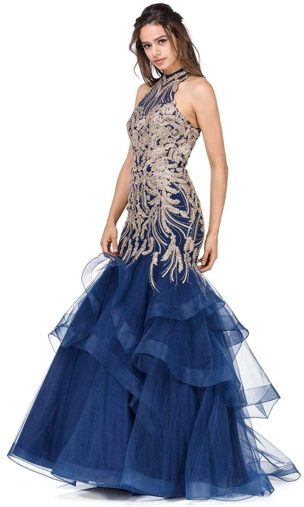 Dancing Queen Danq_2447 - Long Mermaid Dress - Sleeveless, Sheer Fabric, Gold Appliques, Fitted Bodice, Tiered Mermaid Skirt, Horsehair Hemline, Back Zipper, Triangular Open Back, Sweep Train ADASA Dancing Queen Danq_2447 - Long Mermaid Dress - Sleeveless, Sheer Fabric, Gold Appliques, Fitted Bodice, Tiered Mermaid Skirt, Horsehair Hemline, Back Zipper, Triangular Open Back, Sweep Train ADASA