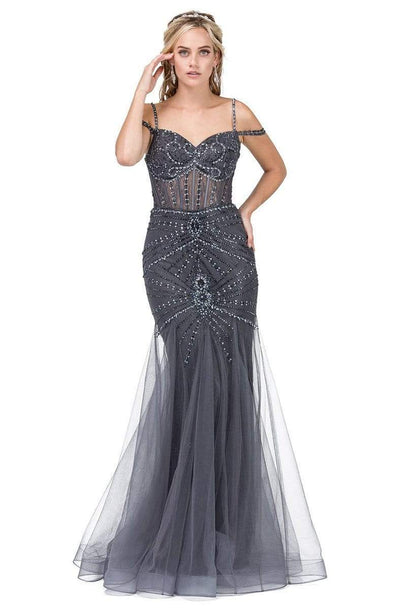Dancing Queen - 2451 Bejeweled Corset Boned Prom Gown Special Occasion Dress XS / Dark Silver